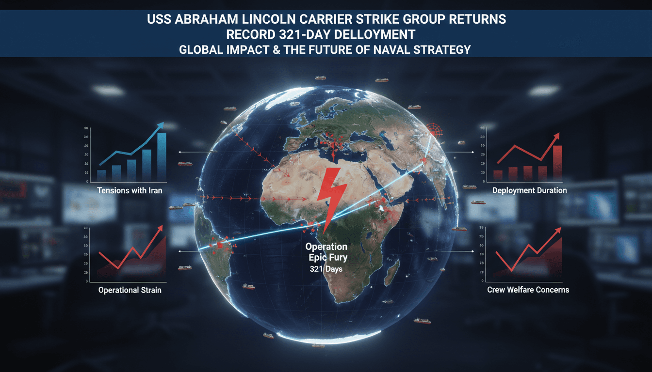 USS Abraham Lincoln aircraft carrier during its record deployment, highlighting its impact on global maritime security.