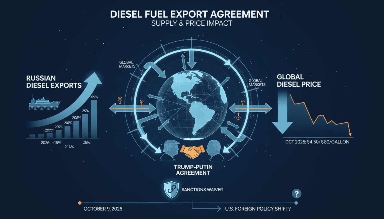 Infographic illustrating the diesel supply agreement between Trump and Putin, highlighting global price impacts.