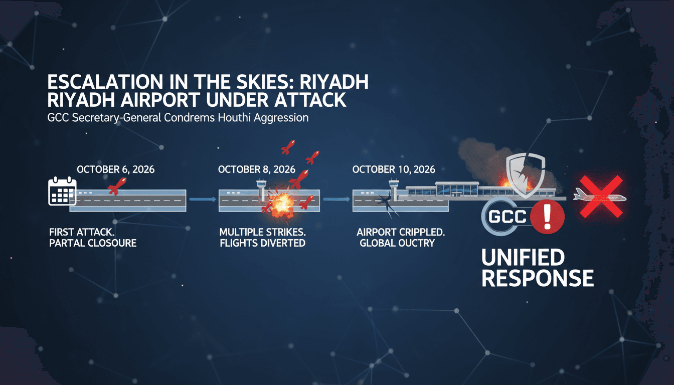 Infographic detailing Houthi attacks on Riyadh airport and their consequences for civilian aviation.