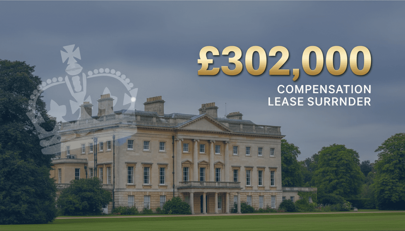 Image of Royal Lodge with a bold £302,000 compensation figure displayed prominently.