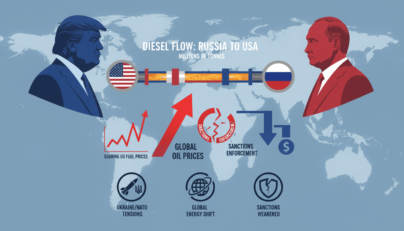 Infographic showing the flow of Russian diesel to the US and its implications for global oil prices.
