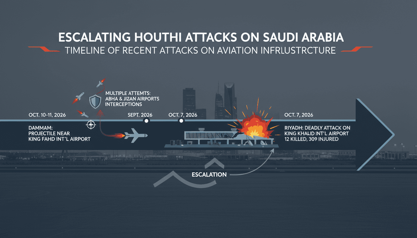 A map highlighting the location of King Fahd International Airport and recent Houthi attacks in Saudi Arabia.