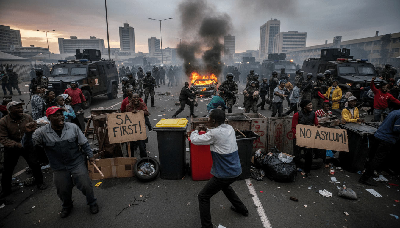 Protesters clashing in Durban during anti-migrant unrest, highlighting economic tensions and societal fractures.