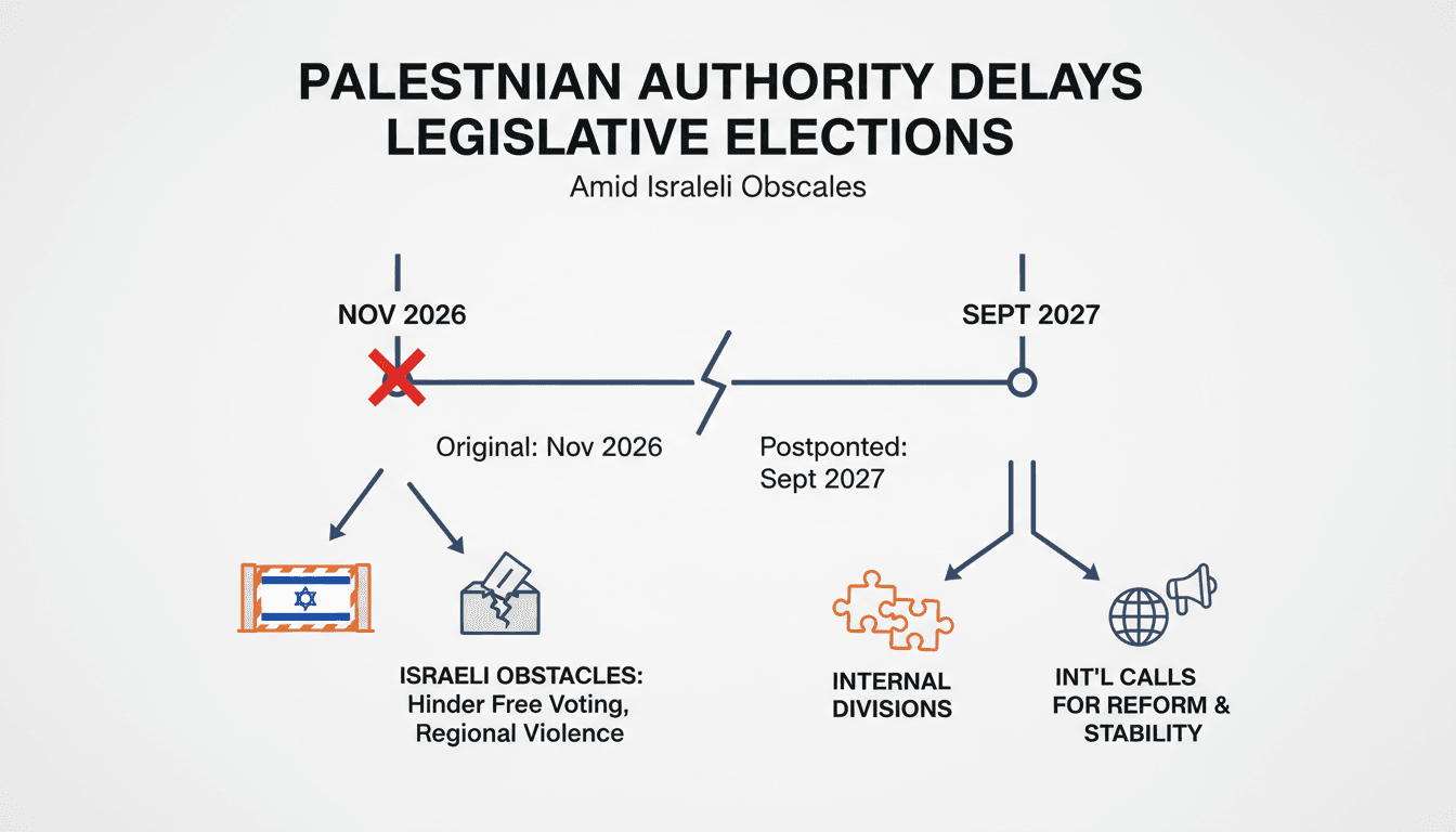 Infographic showing the timeline of Palestinian elections and implications of the 2027 postponement.