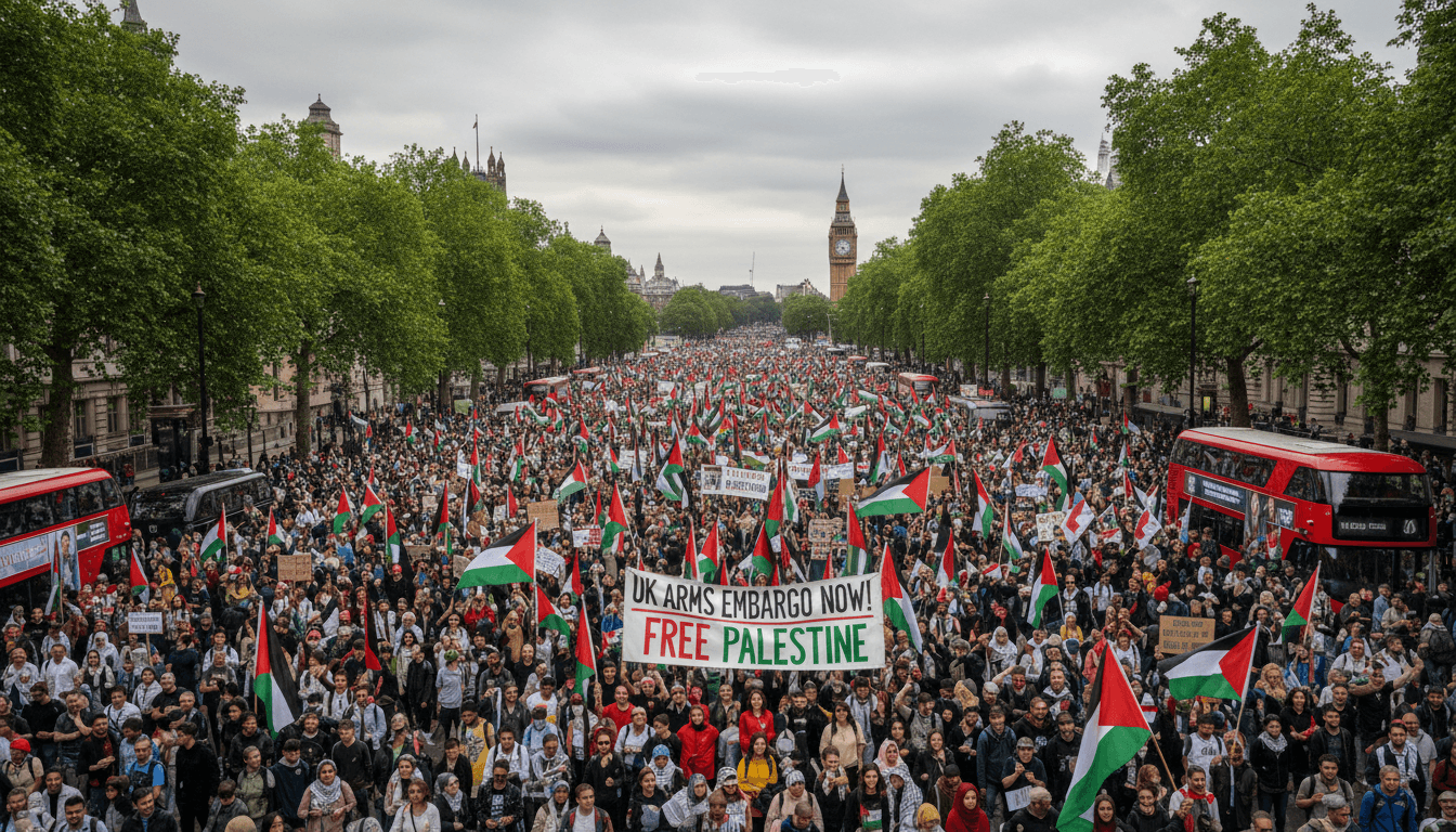 A vibrant scene from the London pro-Palestine march, highlighting demonstrators with flags and placards.