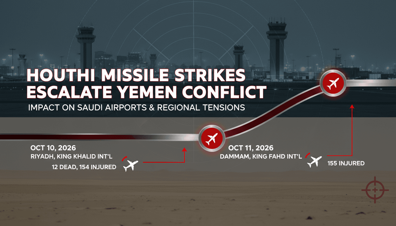 Infographic detailing Houthi missile strikes on Saudi airports and their impact on travel and regional stability.