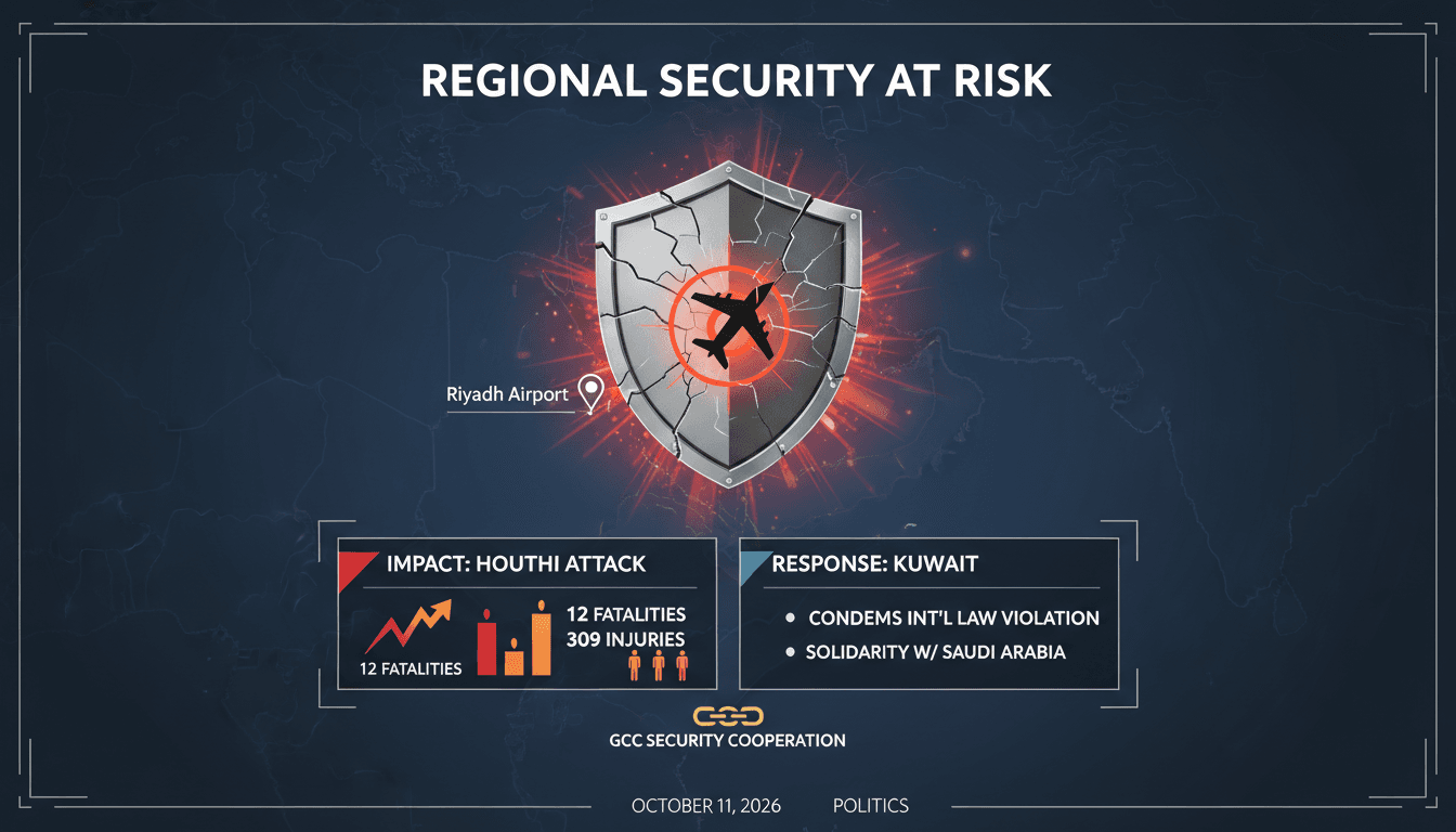 A graphic illustrating the Houthi attack on King Khalid International Airport and its implications for regional security.