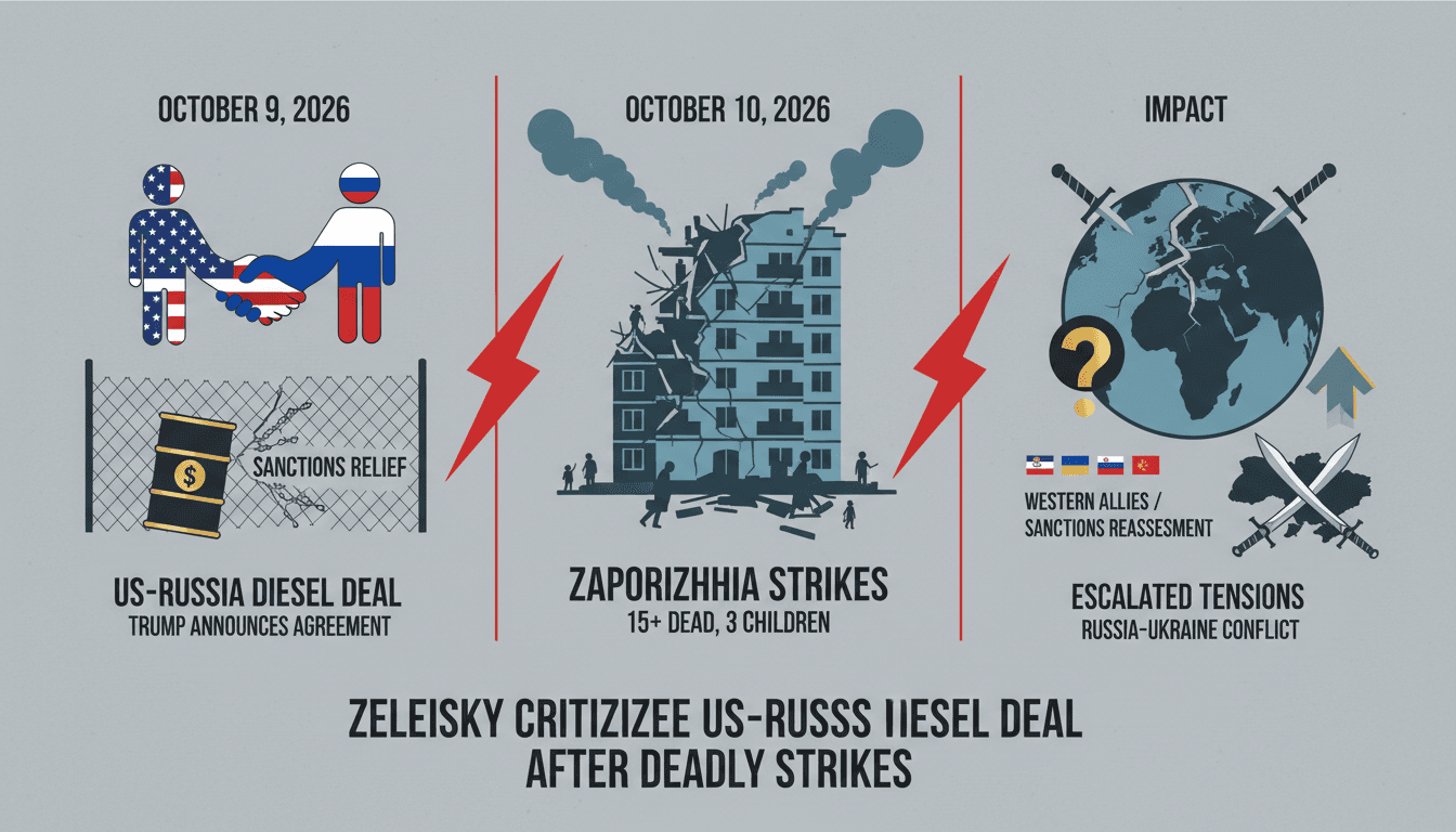 Infographic illustrating the impact of the US-Russia diesel deal and recent civilian casualties in Ukraine.
