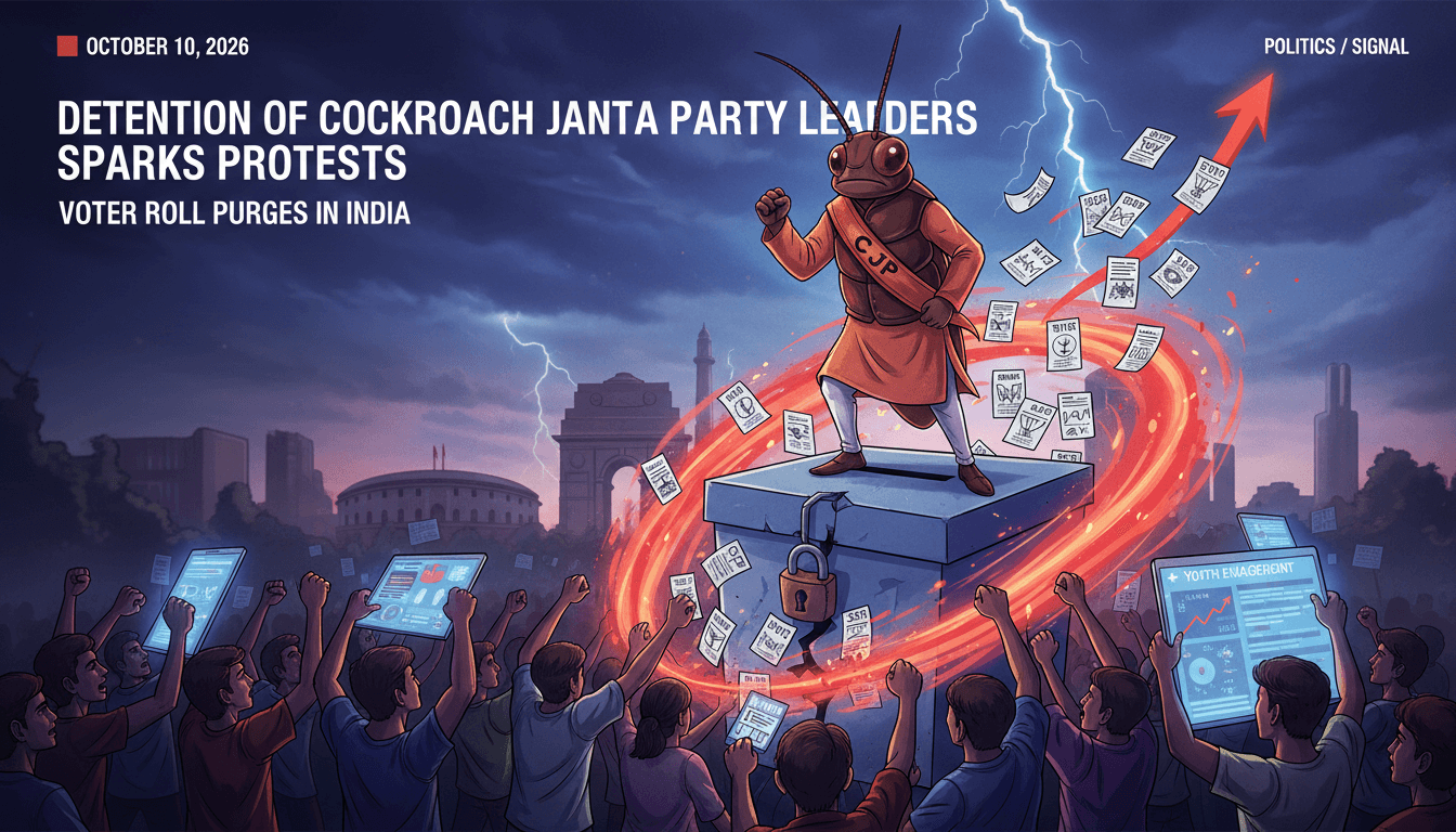 A vibrant protest scene showing young activists from the Cockroach Janta Party demanding electoral reform in India.