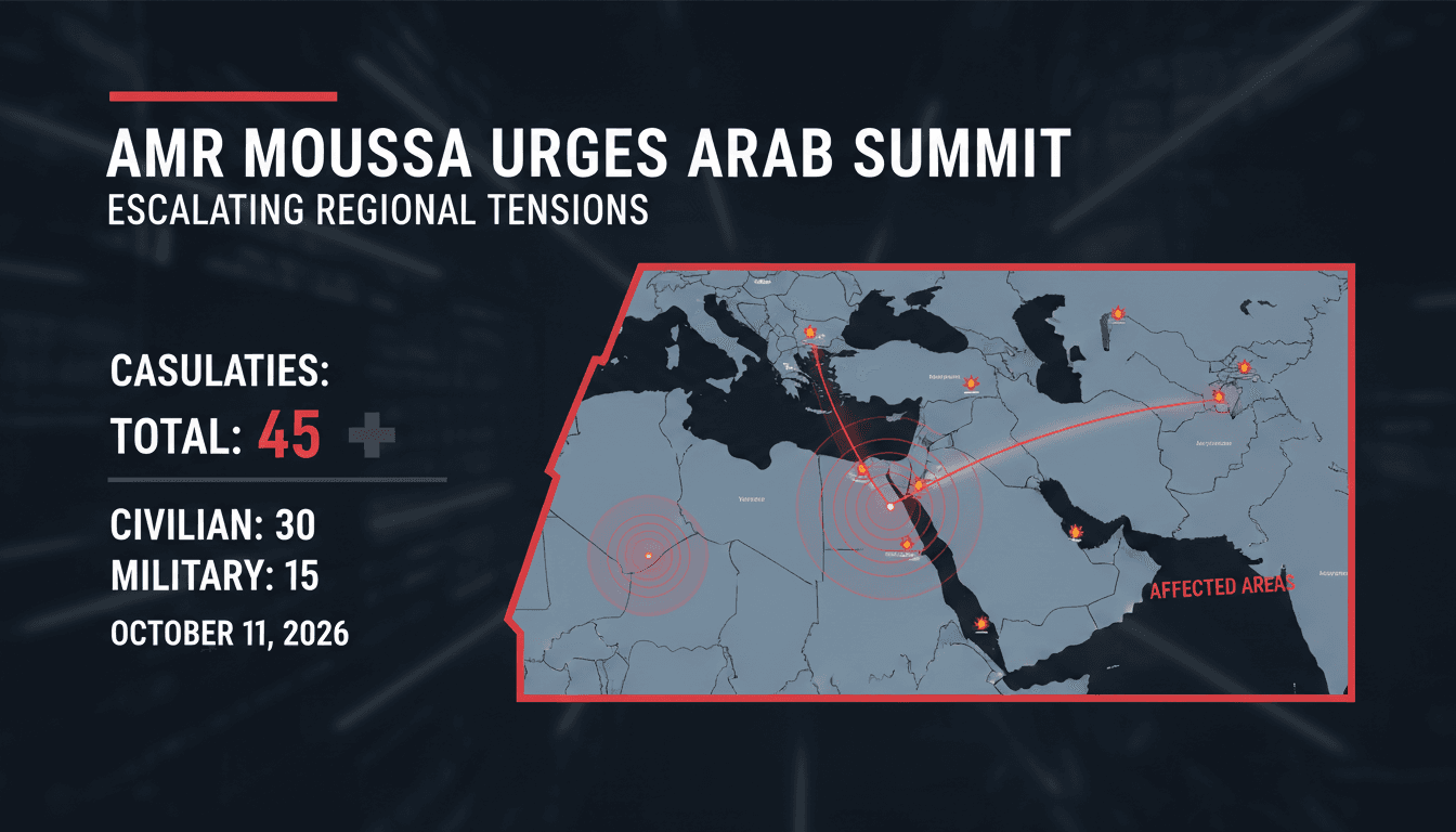 Amr Moussa speaking at a press conference about the emergency Arab summit and regional security threats.