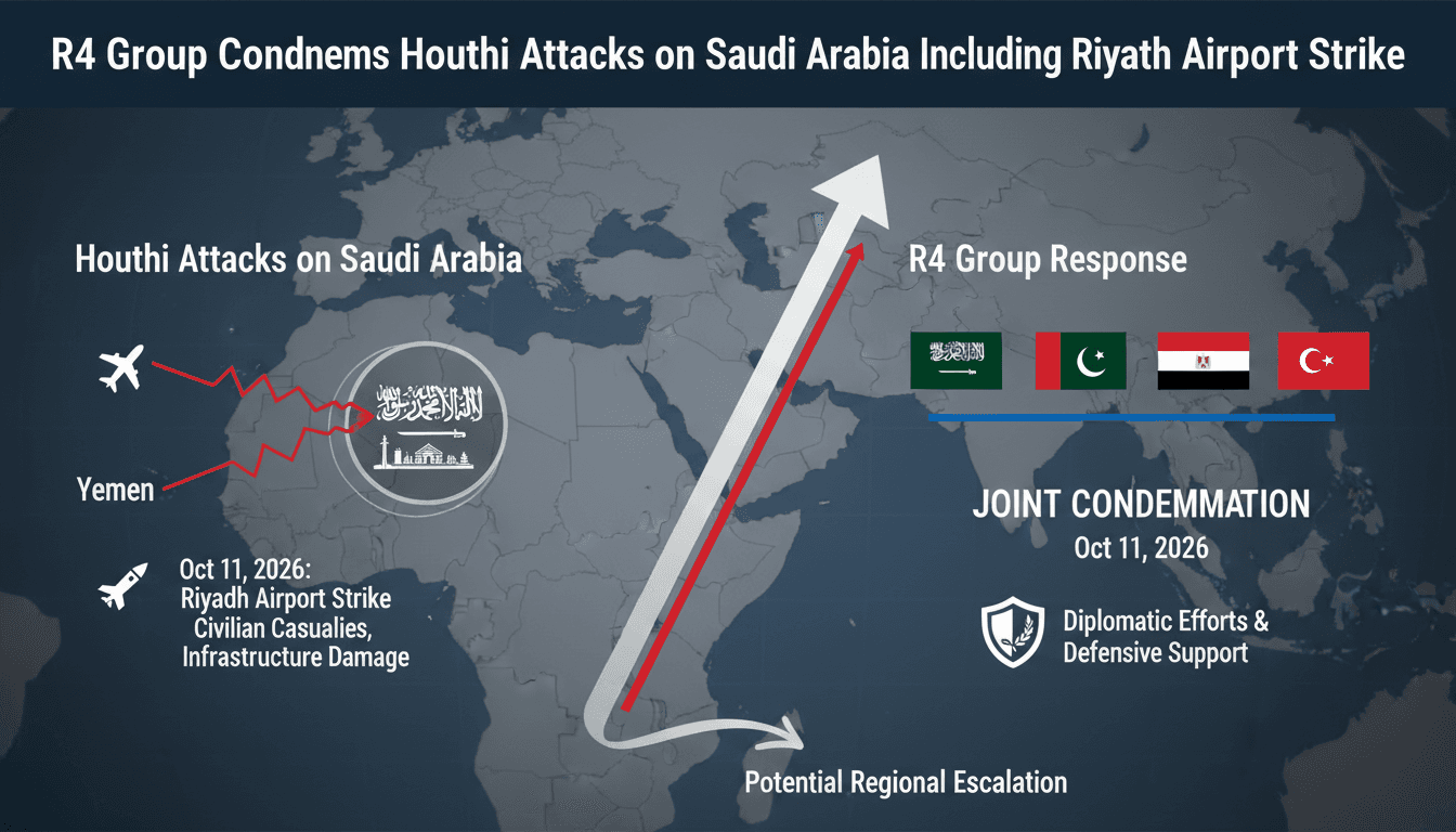 Infographic detailing the R4 Group's condemnation of Houthi attacks on Saudi Arabia, highlighting civilian casualties and international support.