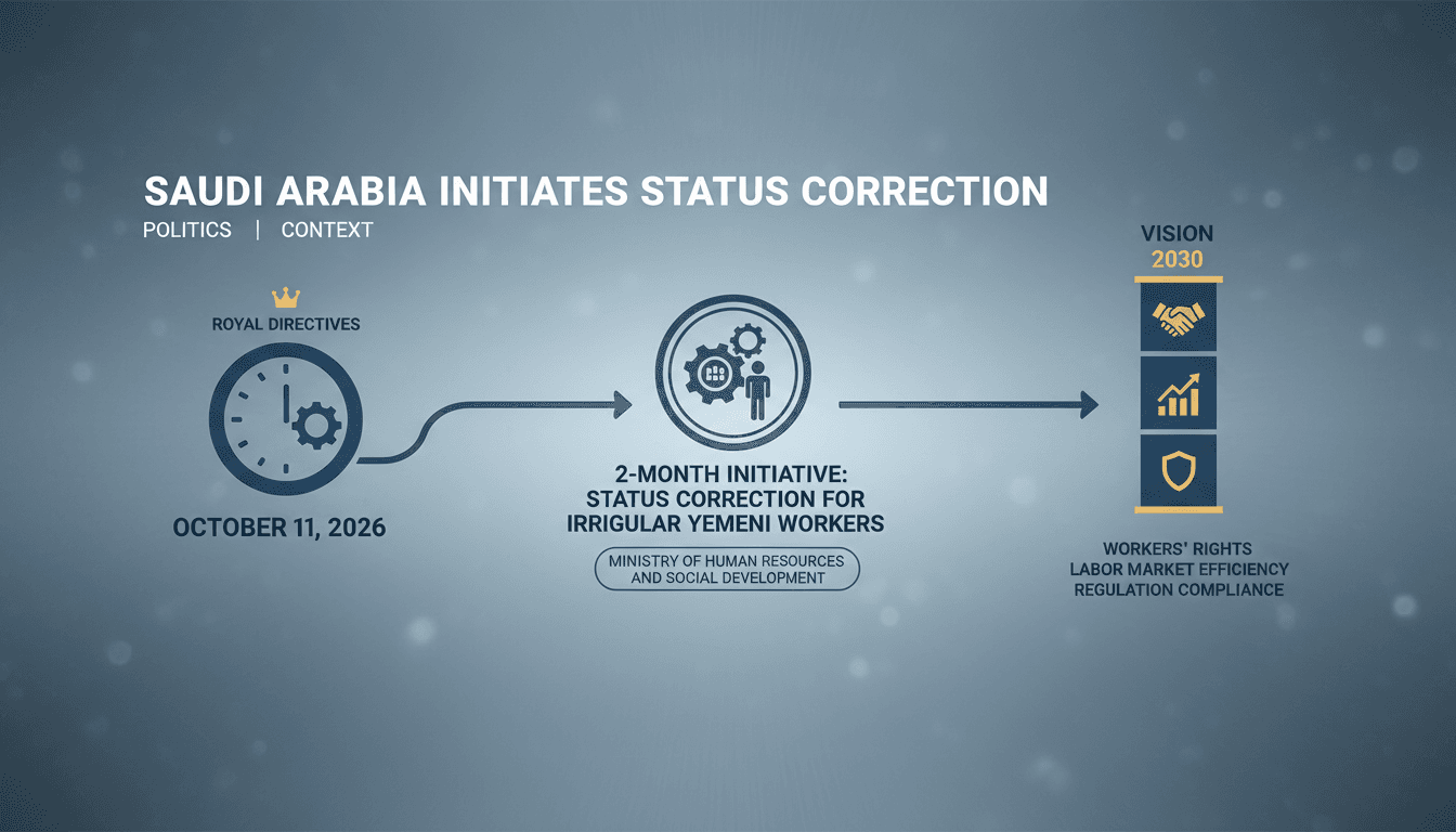 Infographic detailing Saudi Arabia's status correction initiative for Yemeni workers, highlighting key platforms and timelines.