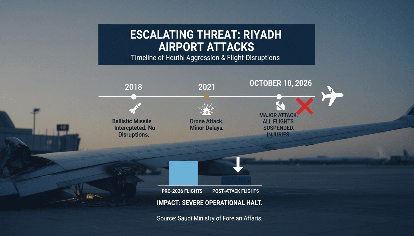 Visual representation of flight disruptions at King Khalid International Airport following Houthi attacks.