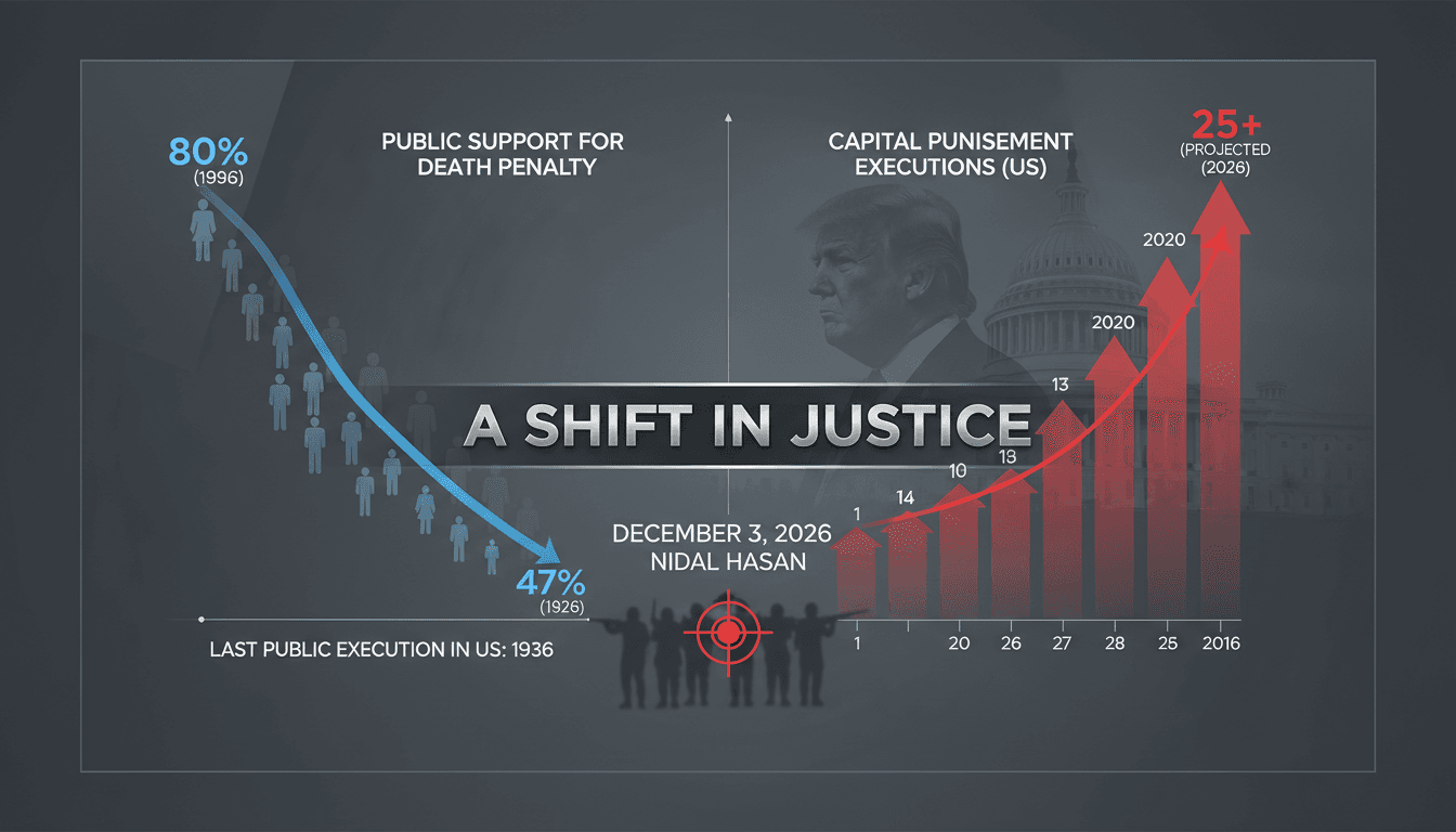 Infographic showing the decline of public support for the death penalty alongside the rise of capital punishment under the Trump administration.