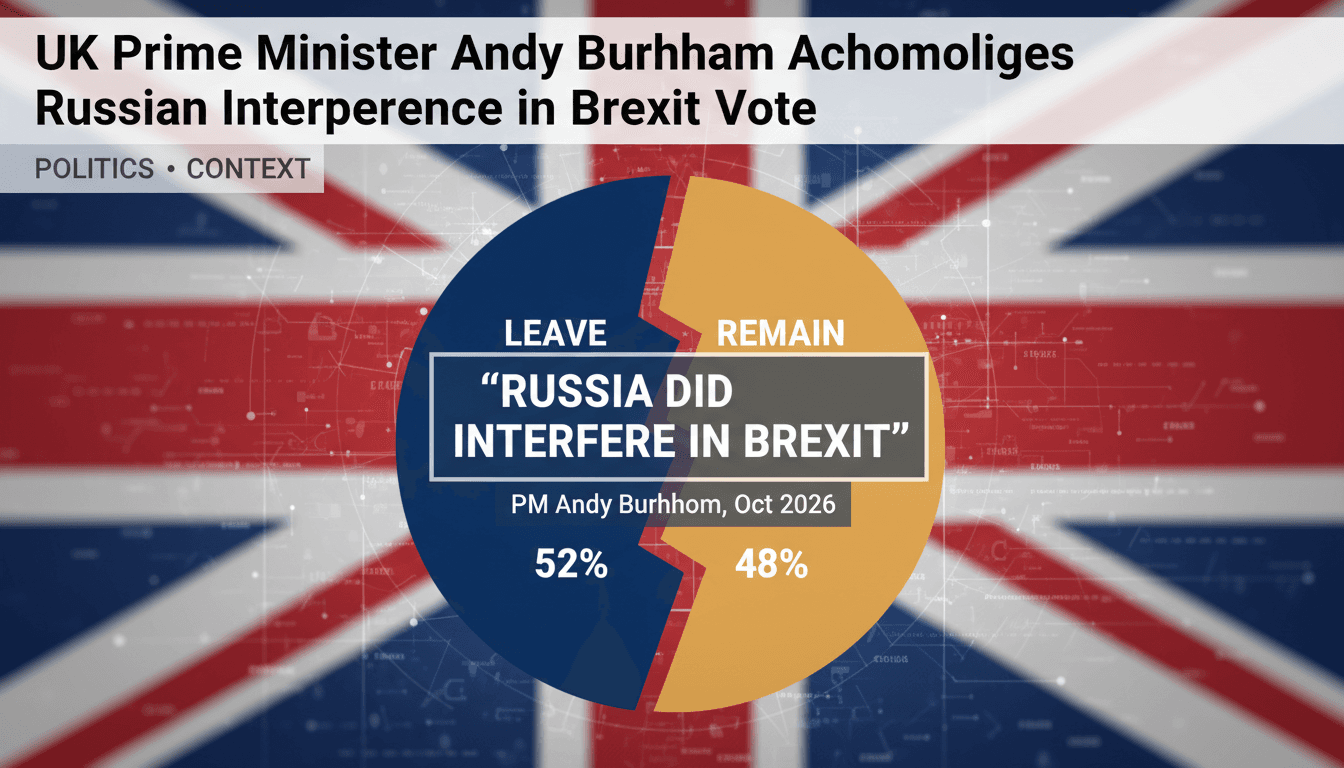 A graphic illustrating the Brexit vote split and a quote from UK PM Andy Burnham on Russian interference.