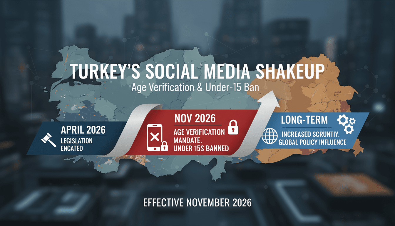 Infographic detailing Turkey's new social media age verification regulations and their impact on platforms.