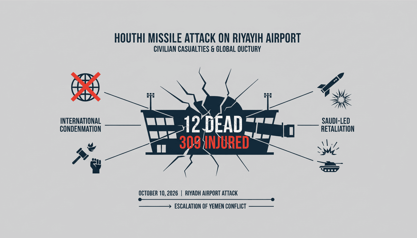 Infographic detailing the Houthi missile attack on Riyadh Airport, highlighting civilian casualties and international reactions.