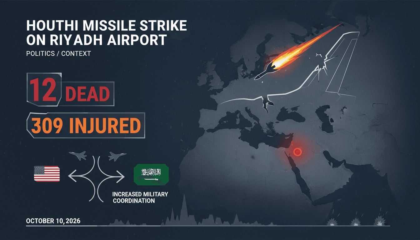Infographic detailing the Houthi missile strike on Riyadh airport, including casualty numbers and international reactions.