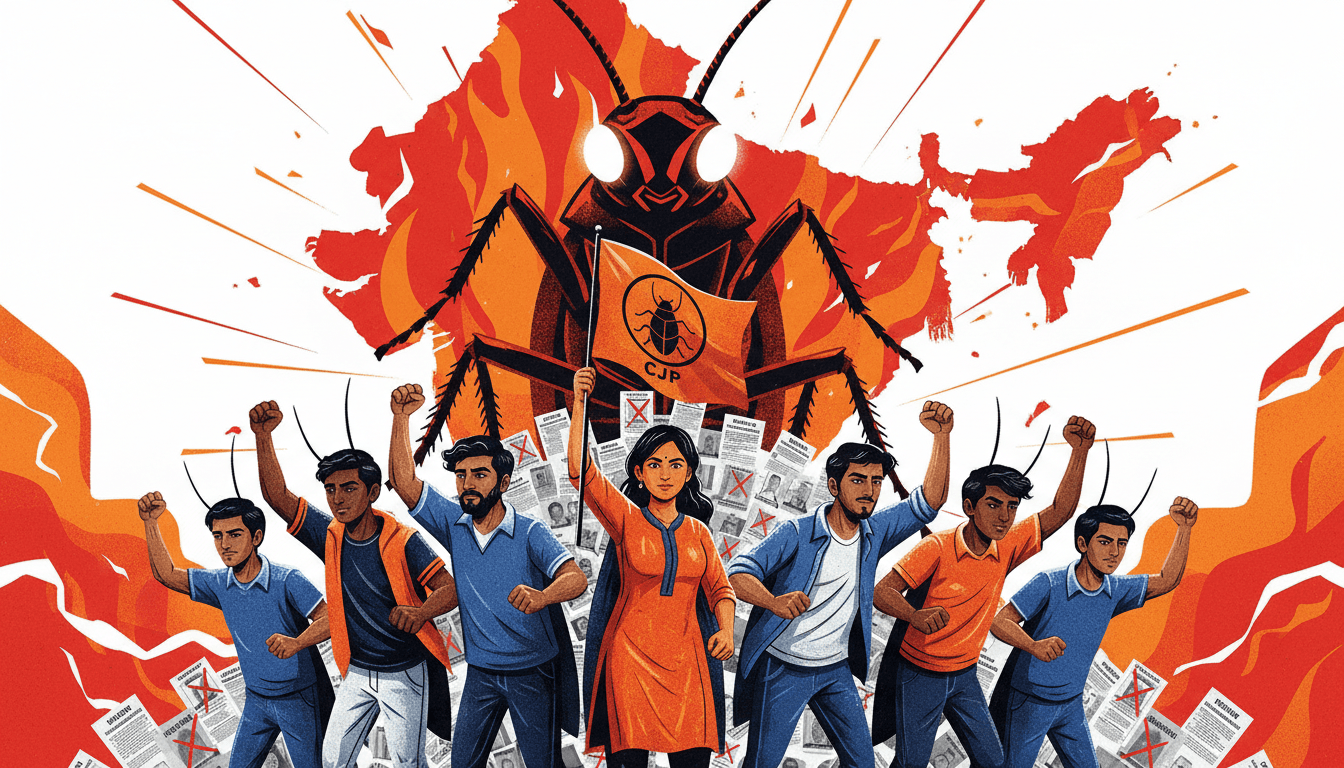 Young activists from the Cockroach Janta Party rallying for electoral reform in India.