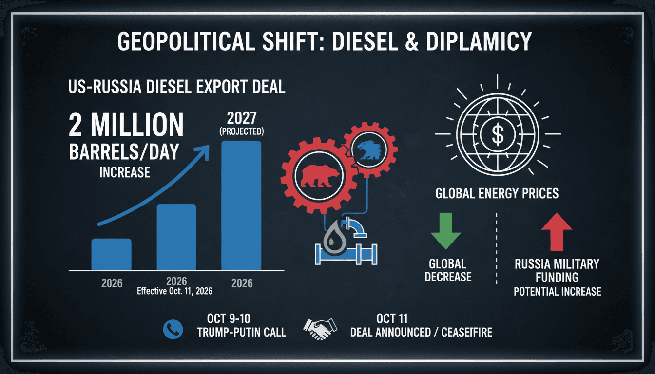 Infographic illustrating the Trump-Russia diesel export agreement and its implications for the Ukraine conflict.