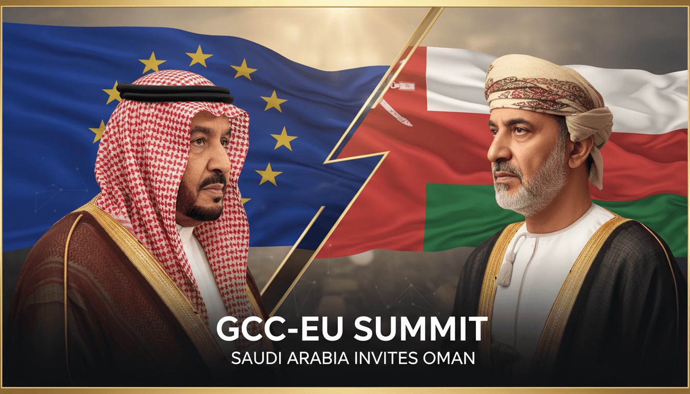 King Salman and Sultan Haitham discussing the GCC-EU Summit invitation, symbolizing regional cooperation.