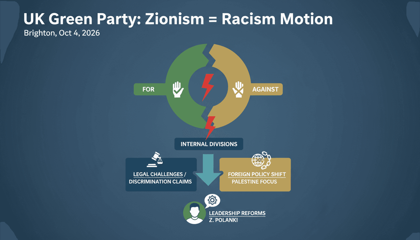Infographic showing the Green Party's Zionism is Racism motion vote breakdown and internal dynamics.