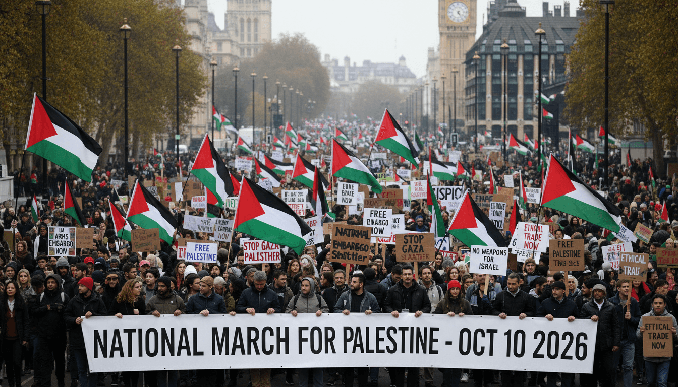Demonstrators at the London pro-Palestine march holding flags and placards, highlighting the call for ethical trade practices.