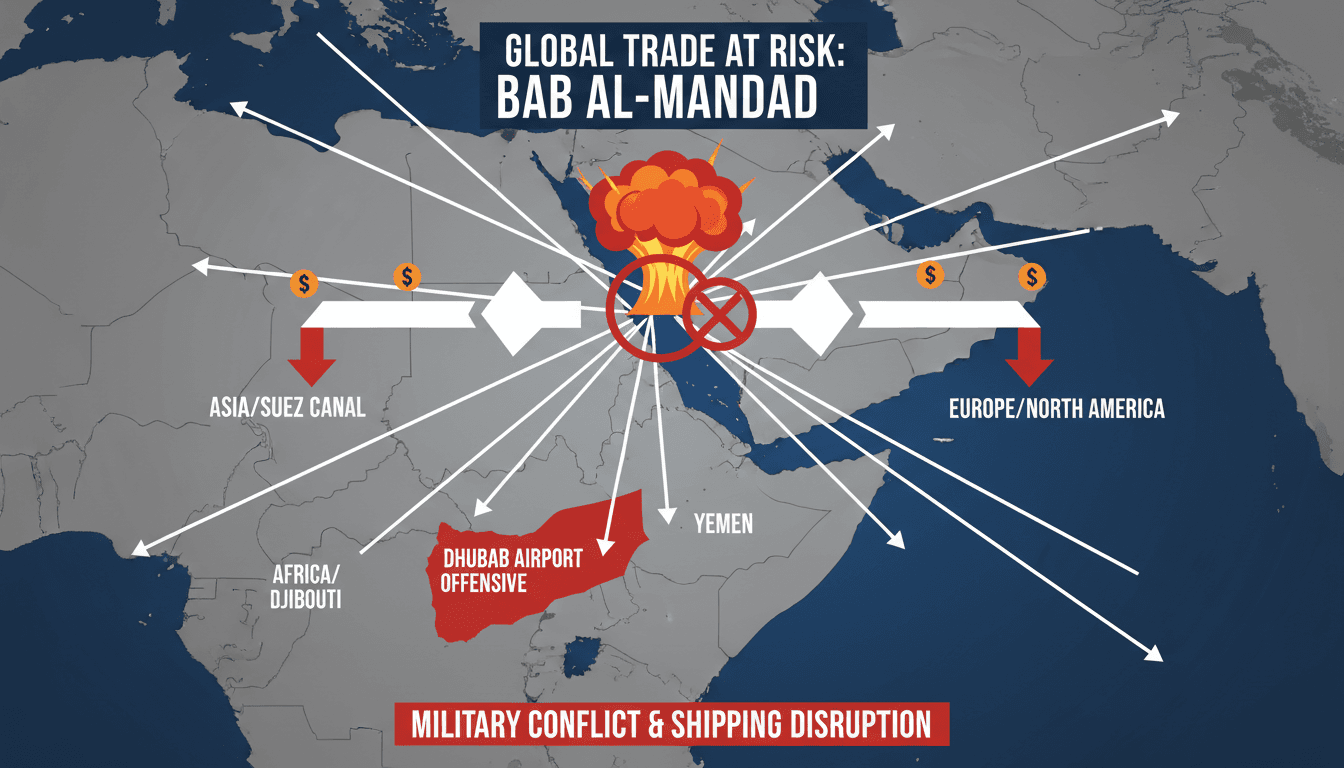 Infographic showing Bab Al-Mandab Strait's role in global shipping and the effects of Yemeni military conflict.