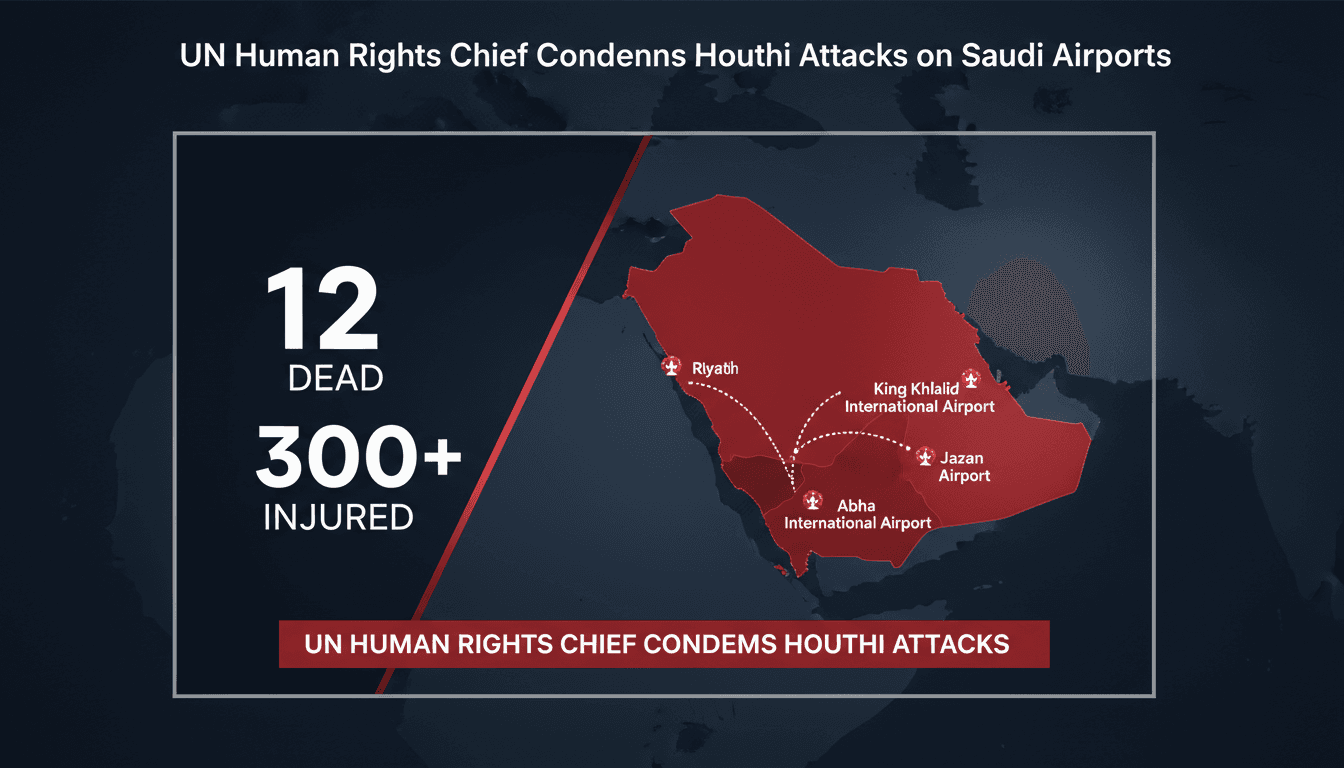 Infographic showing casualties from Houthi attacks on Saudi airports, emphasizing the impact on civilians and international law.