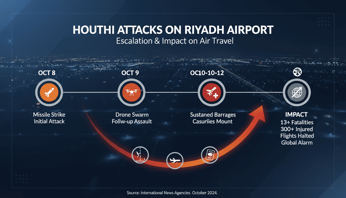 A graphic depicting the timeline and impact of Houthi attacks on Riyadh airport, highlighting fatalities and air travel disruptions.