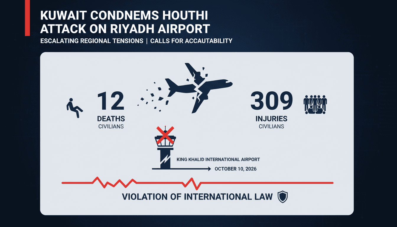 Infographic detailing the Houthi attack on King Khalid International Airport, including civilian casualties and regional security implications.