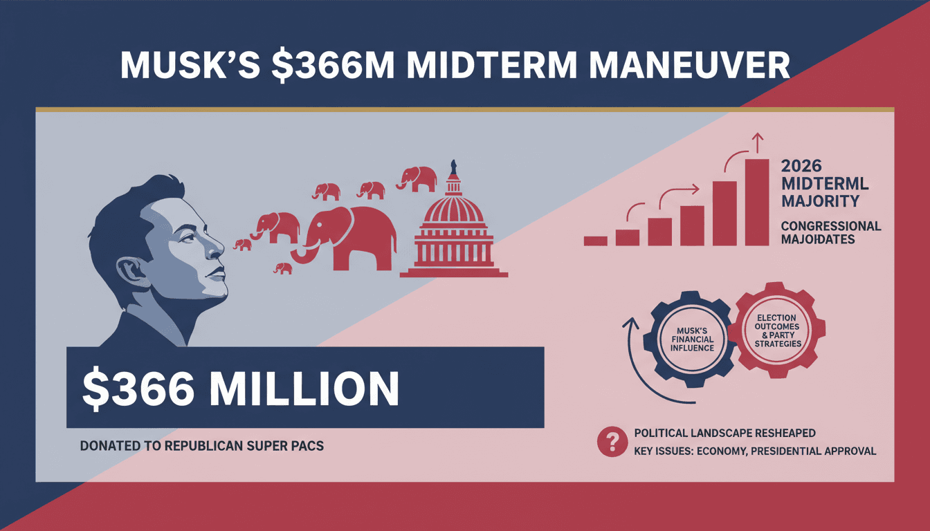 Infographic showing Elon Musk's $366 million political spending and its implications for the 2026 midterm elections.