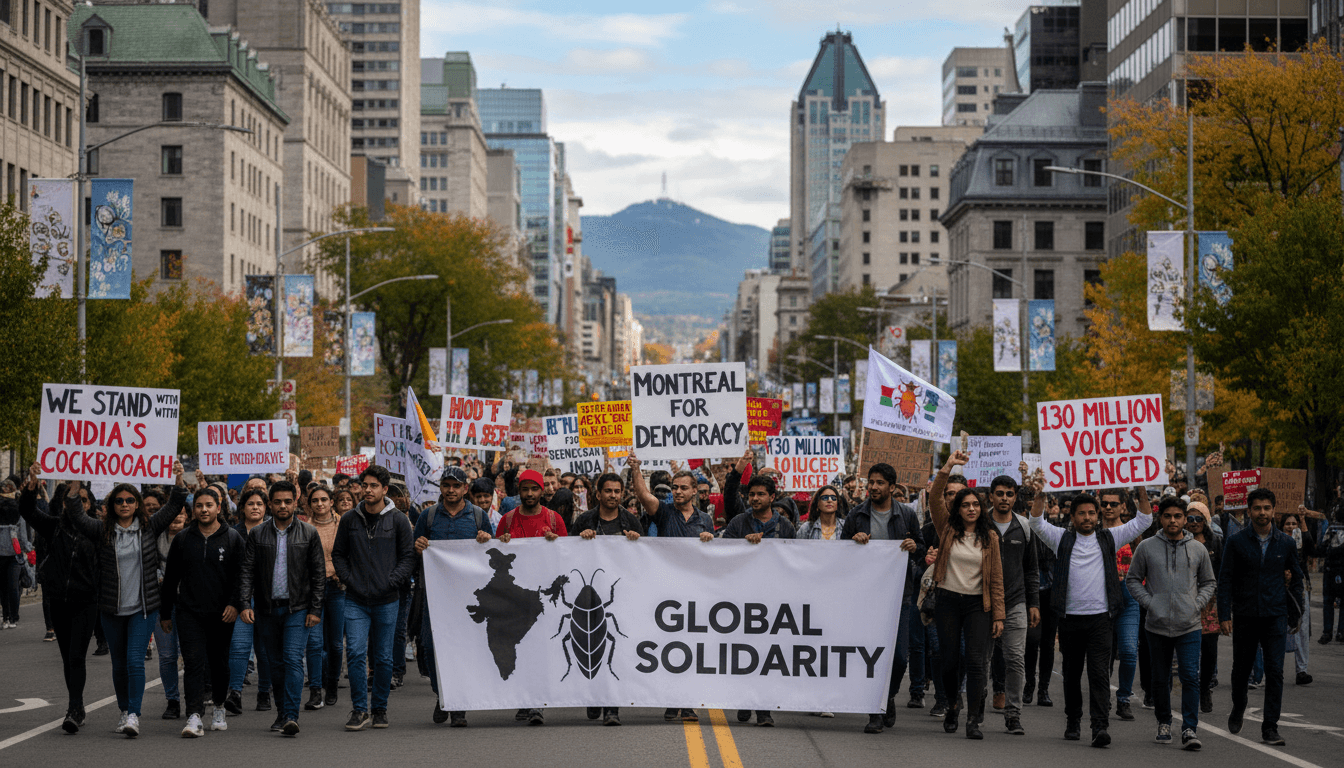 Protesters in Montreal showing solidarity with India's Cockroach youth movement, highlighting global youth activism.