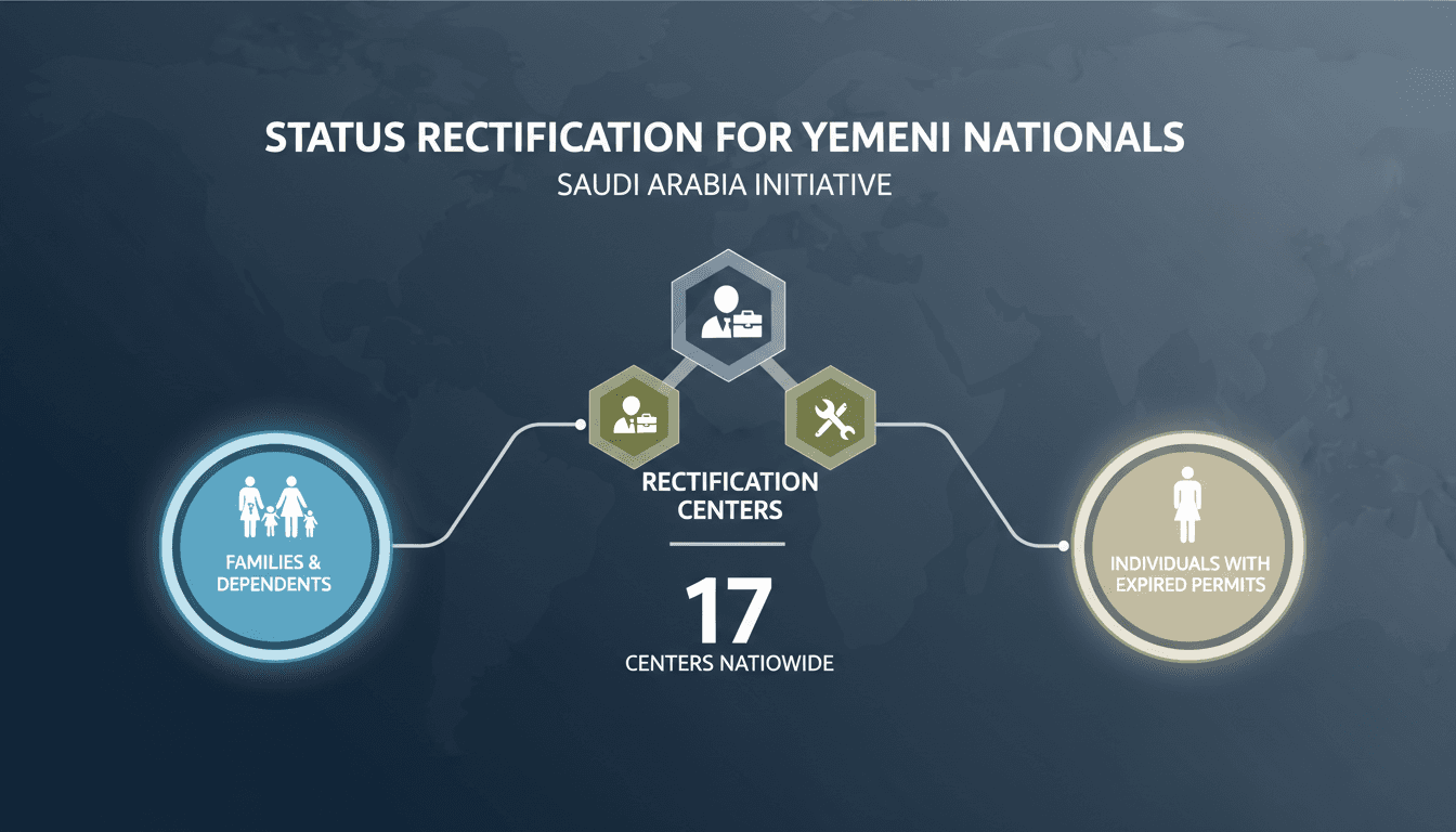 Infographic detailing Saudi Arabia's status rectification program for Yemeni nationals, highlighting key centers and categories.