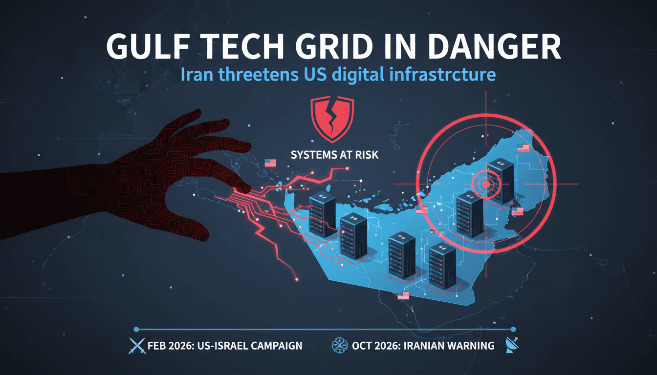 Infographic showing Iranian threats to US technology infrastructure in the Gulf region and potential economic impacts.