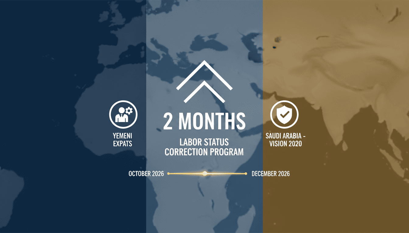 Infographic showing the two-month timeline for correcting Yemeni labor status in Saudi Arabia.