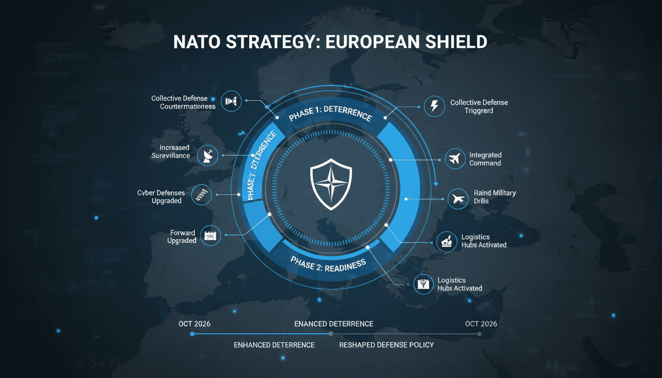 Infographic showing NATO's phased response strategy and its implications for global security and markets.