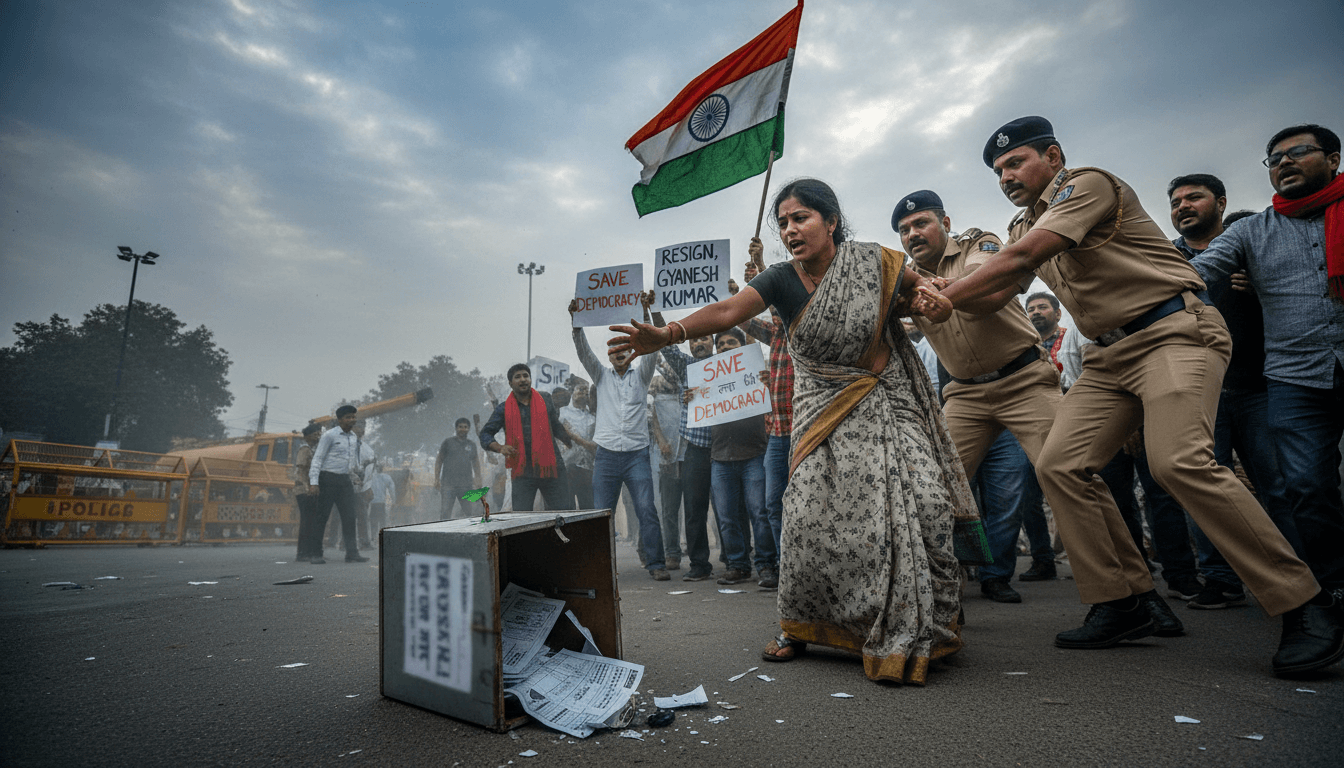 Protesters in New Delhi advocating for electoral integrity and democratic rights.