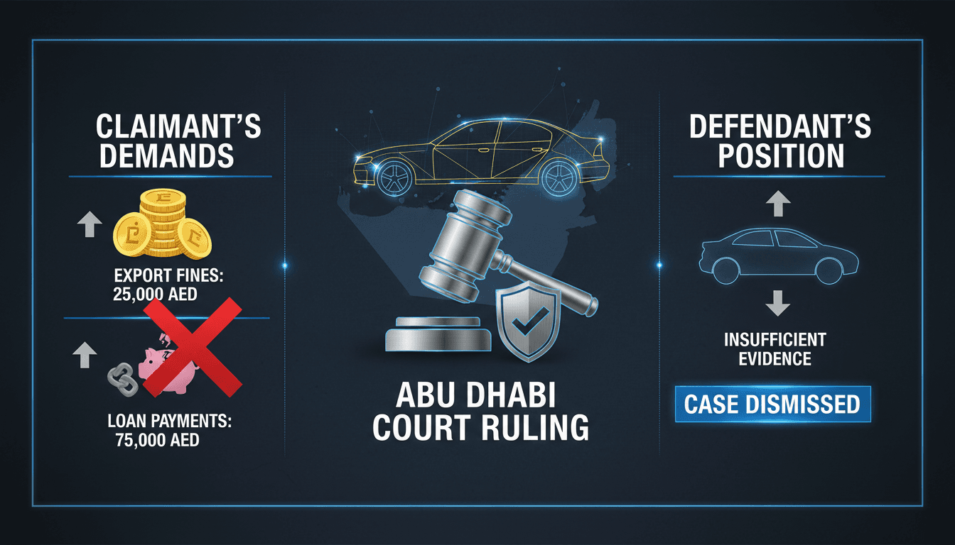 Infographic detailing the financial breakdown of a court case involving vehicle sales and unpaid fines in Abu Dhabi.