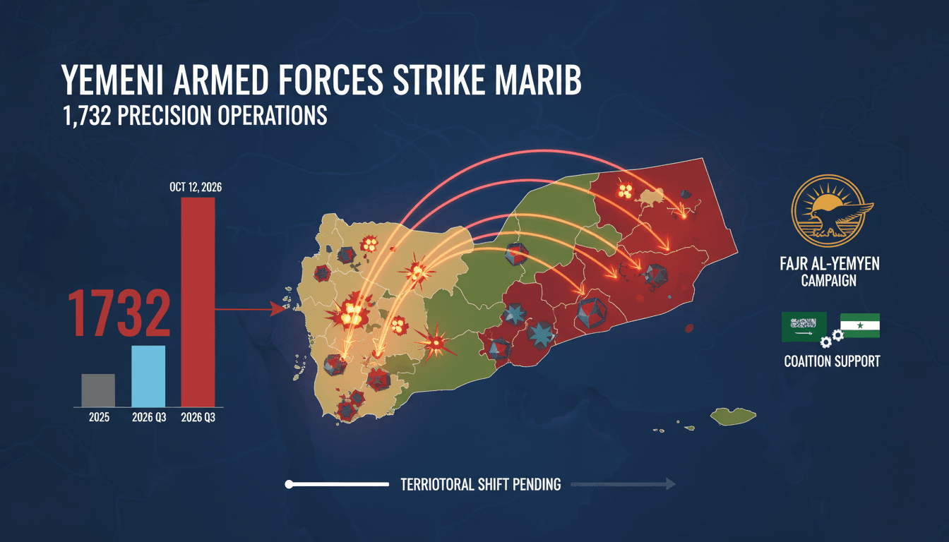 Infographic detailing the Yemeni Armed Forces' 1,732 military operations against Houthi targets.