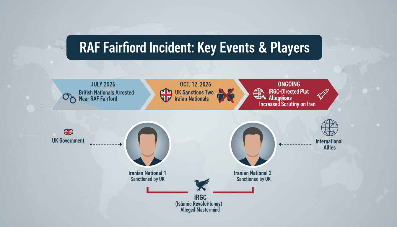 Infographic detailing the RAF Fairford plot, IRGC involvement, and international sanctions.