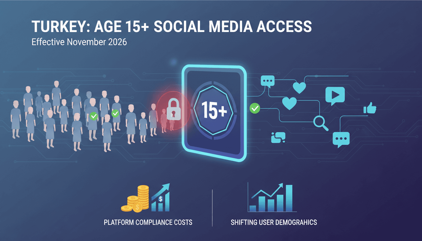 Infographic showing Turkey's age verification mandate for social media and its impact on users and platforms.