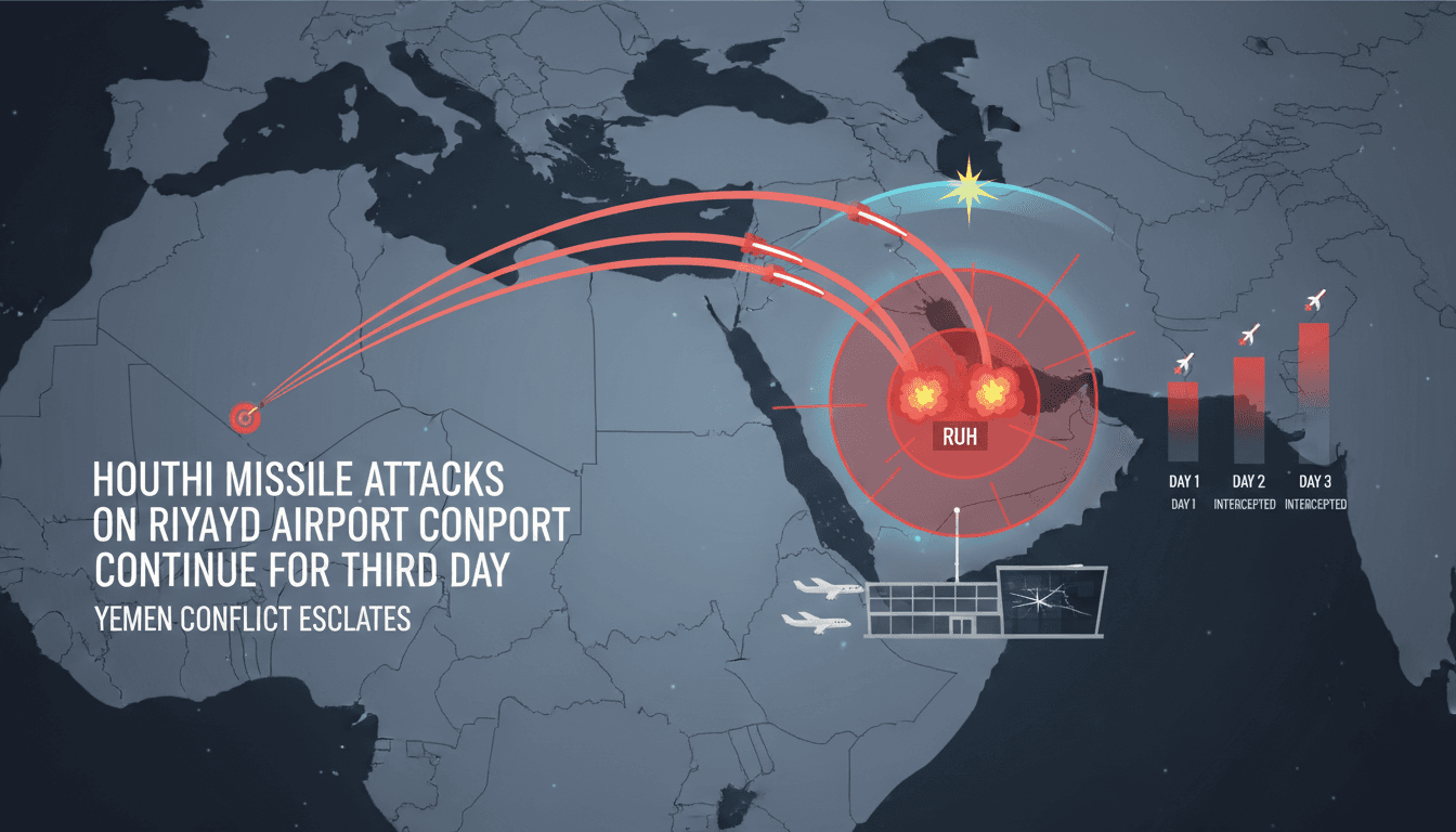 A map showing the trajectory of Houthi missiles targeting Riyadh airport amidst ongoing Yemen conflict.