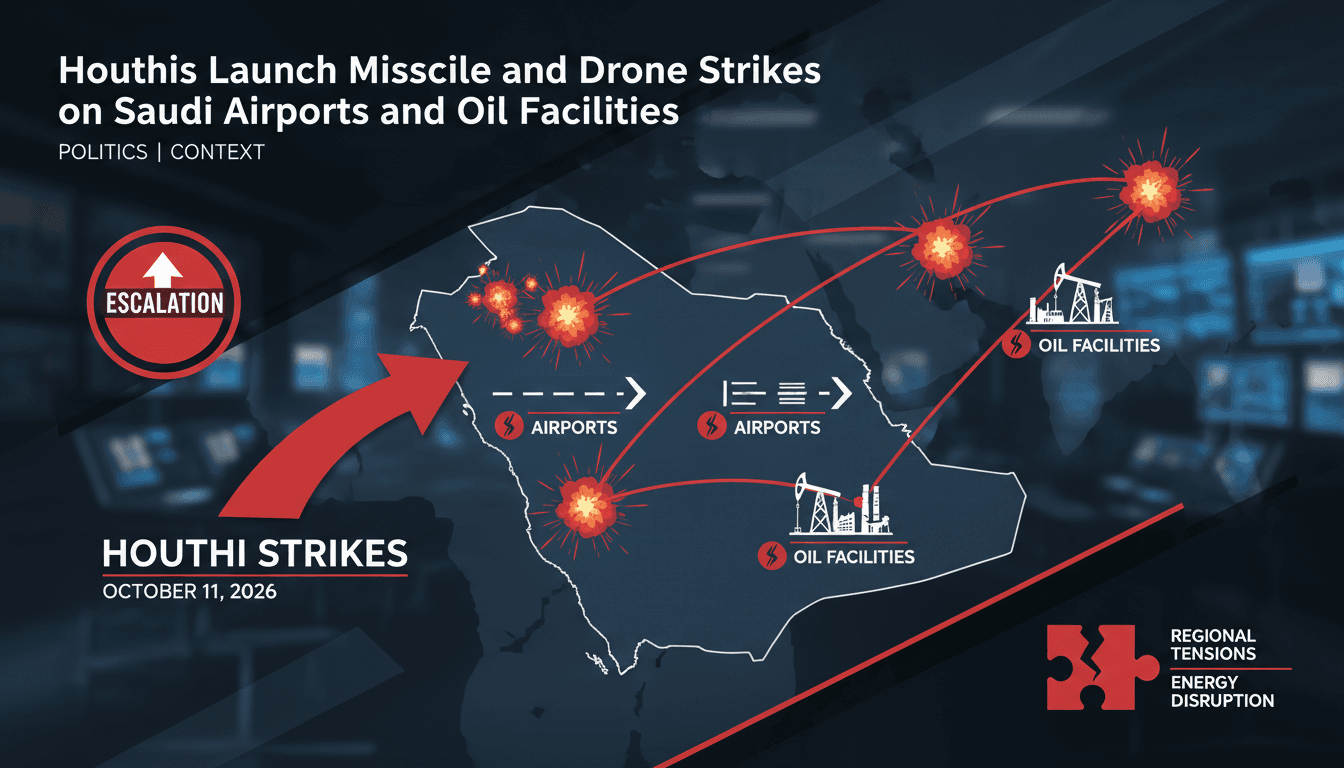 Map highlighting Houthi missile and drone strikes on Saudi airports and Aramco facilities.