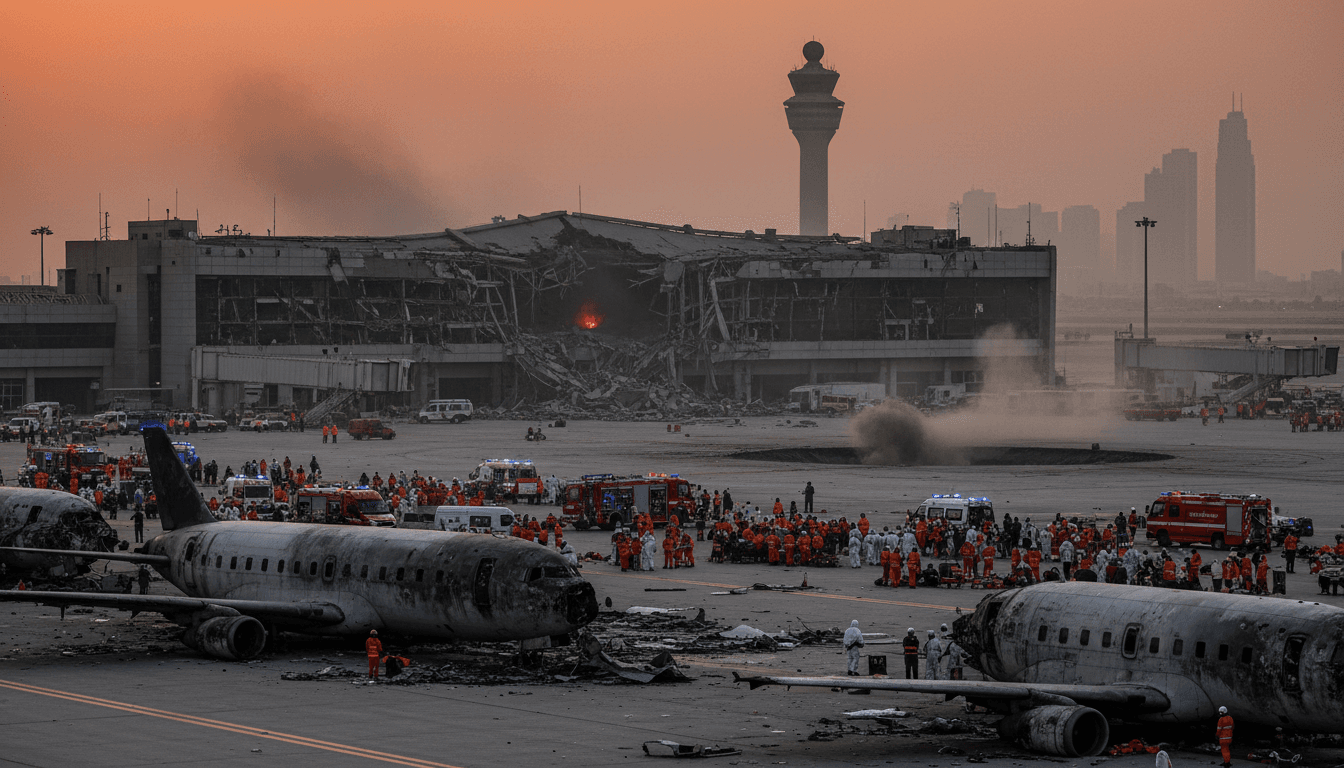 Emergency responders at the scene of the Houthi missile strike at King Khalid International Airport in Riyadh.