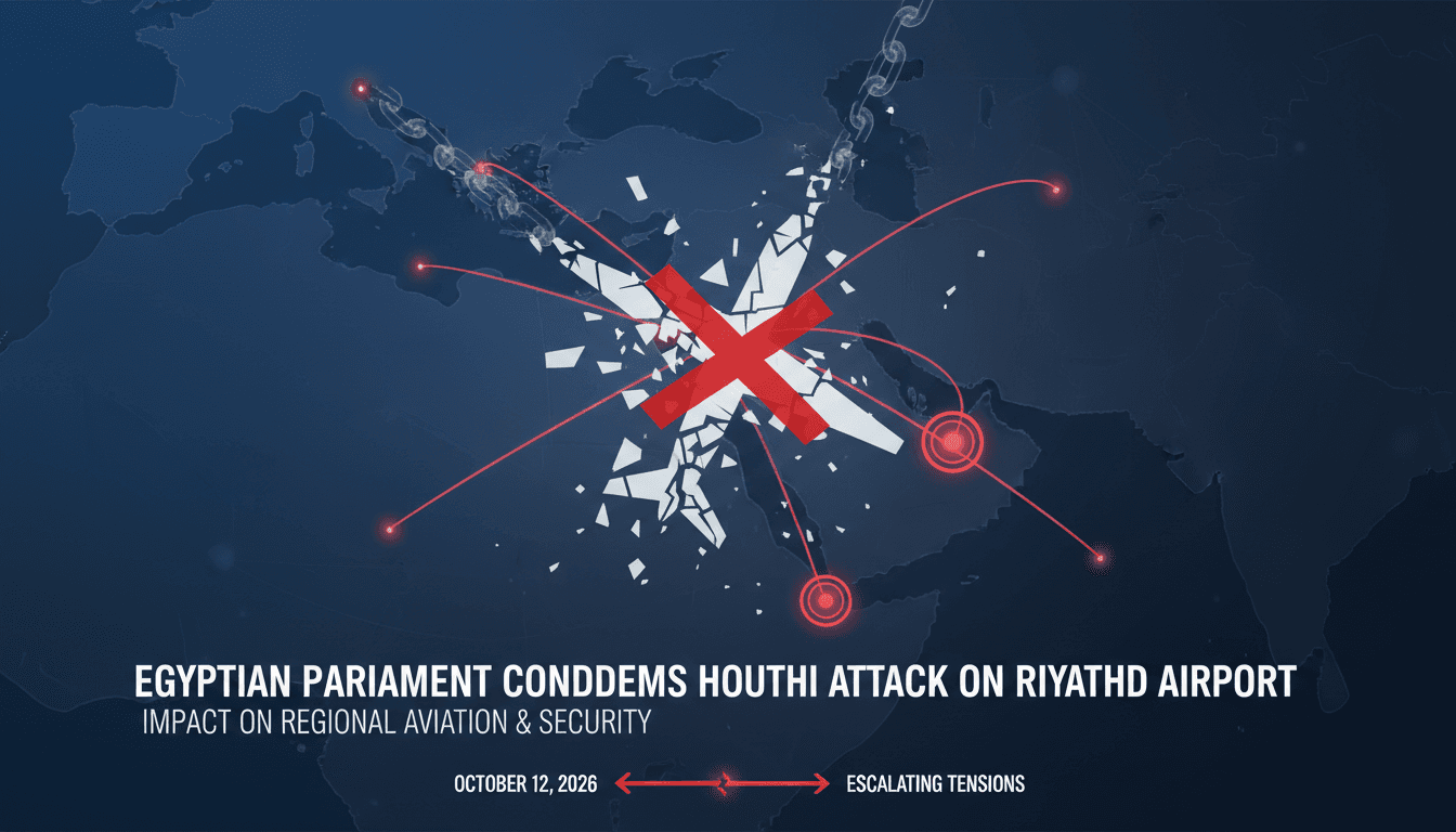 A graphic illustrating the Egyptian Parliament's condemnation of the Houthi attack on Riyadh's King Khalid International Airport.