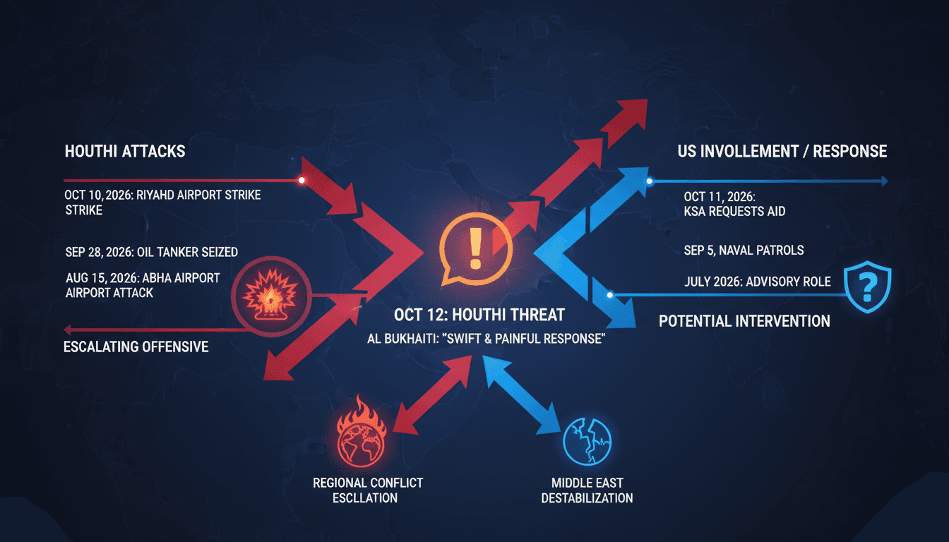 Infographic showing Houthi threats against US interests in Yemen and implications for global oil prices.