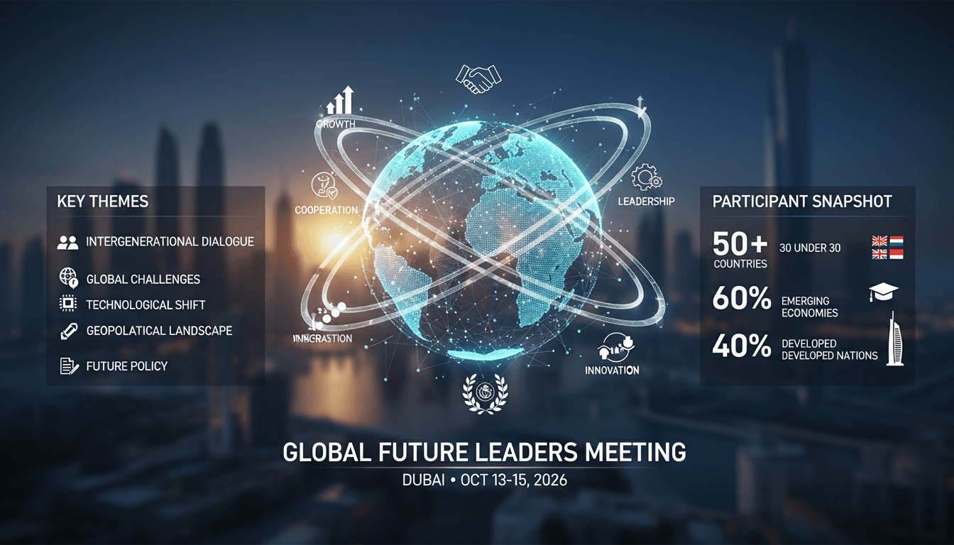 A visual representation of the Global Future Leaders Summit in Dubai, featuring key themes and participant statistics.