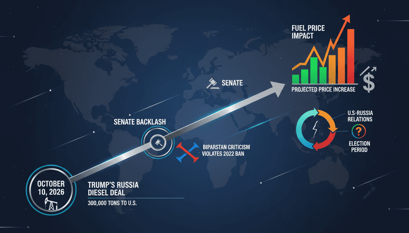 Infographic detailing Trump's diesel supply agreement with Russia and its implications for energy policy.