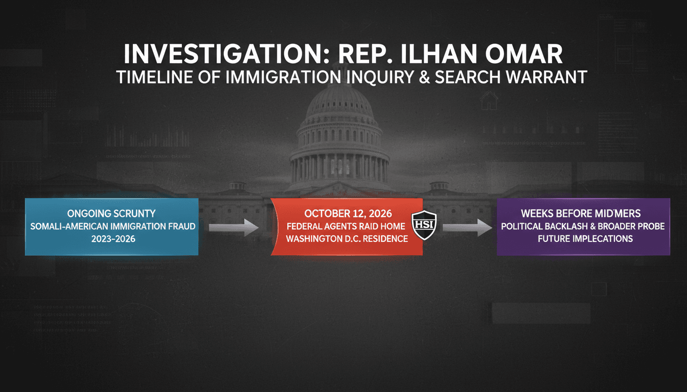 A visual representation of the federal search warrant executed at Rep. Ilhan Omar's residence, highlighting the investigation's political context.